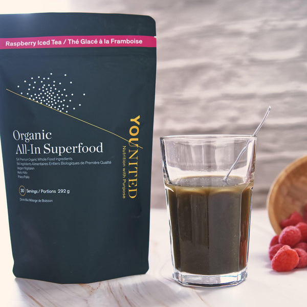 Younited All-In Superfood Greens Powder | Made in Canda | 53 Premium Organic Food Ingredients | 6 Servings of Vegetables + Fruit per Scoop | Loaded w/Phytonutrients | Raspberry Iced Tea (30 Servings)