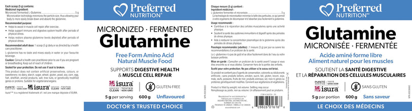 Preferred Nutrition Micronized Glutamine Powder, 600 g, Easy Absorption, 5 g per serving, Supports Digestive, Immune Health and Muscle Tissue Repair after Exercise, Proudly Canadian