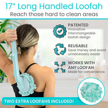 Vive Long Handled Loofah on a Stick - Mesh Back Sponge for Bath, Reusable w/Extra Pouf - Exfoliating Scrubber for Elderly & Disabled, Soft Loofa for Bathing Men & Women