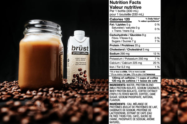 BRÜST PROTEIN COFFEE LIGHT ROAST - 12 Pack (20g Protein, 120mg Caffeine, 120 Calories) Light Bodied, Slightly Sweetened, 330mL, Brust Cold Brew Iced Coffee - AS SEEN ON DRAGON'S DEN