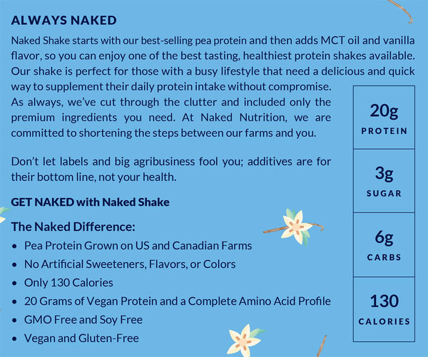 Naked Shake - Vanilla Protein Powder - Plant Based Protein Shake from US & Canadian Farms with MCT Oil, Gluten-Free, Soy-Free, No GMOs or Artificial Sweeteners - 30 Servings (Vanilla)