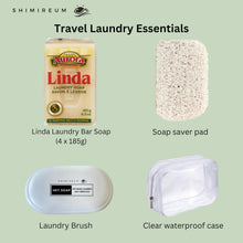 Travel Friendly Laundry Essentials Bundle: Aurora Linda Laundry Bar Soap (4x185g) with Laundry Brush, Soap Saver Pad and Waterproof Travel Case