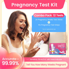 Pregnancy Test Weeks Indicator - Combo Pack 12 Tests, 2X Pregnancy Weeks Test Sticks 25 MIU/ml, 10x Pregnancy Test Strips 10 MIU/ml, Ultra Early 2 Ways Check - Tells You How Many Weeks (12 Tests)