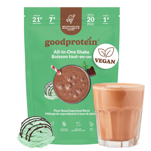 Good Protein Vegan Plant-based Protein Powder 100% Natural, Non-GMO, Dairy-free, Gluten-free, Soy-free, No Added Sugar and Nothing Artificial. Mint Chocolate Chip All-in-One Shake 440 grams