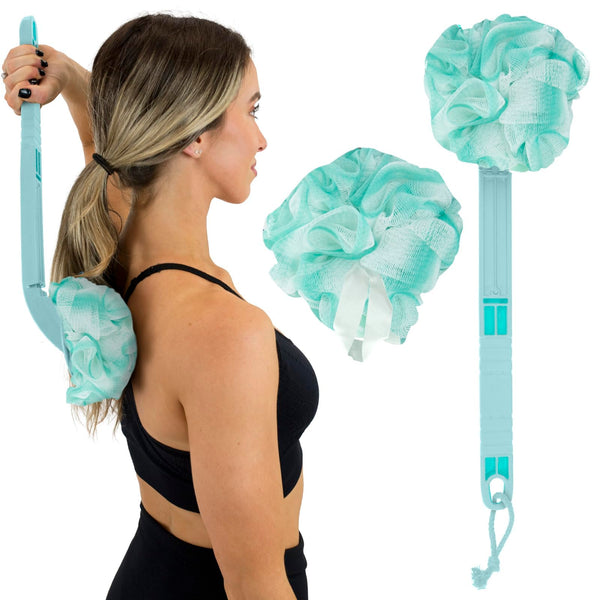 Vive Long Handled Loofah on a Stick - Mesh Back Sponge for Bath, Reusable w/Extra Pouf - Exfoliating Scrubber for Elderly & Disabled, Soft Loofa for Bathing Men & Women