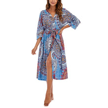 Women Kimono Robes Long Knit Bathrobe Lightweight Soft Knit Sleepwear V-neck Casual Ladies Loungewear mix blue M