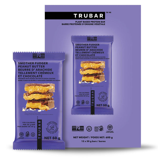 TRUBAR Vegan Protein Bar, Smother Fudger Peanut Butter, Gluten Free, Plant Based, High Fiber, Dairy Free, Low Fat, Non GMO, No Sugar Alcohols, 12G Lean Protein, 13G Fiber, Healthy Snack Bars, 12 CT