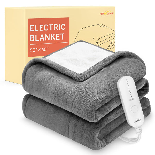 HOMLYNS LuxeHeat Heated Blanket Electric Blanket, Soft Flannel Sherpa Heated Throw, Heating Blanket with 5 Heat Settings, 3 hrs Timer Auto Shut Off (50x60 inches, Grey)