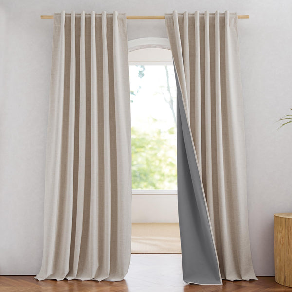 NICETOWN 100% Blackout Natural Linen Curtains 90 inches Length with Thermal Insulated Liners for Bedroom, Farmhouse Style Room Warming Small Window Draperies for Dining Room (2 Panels,52" W)