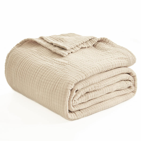 EMME Cotton Queen Size Bed Blanket, 90"x90", Lightweight, Breathable, All Season, Light Tan