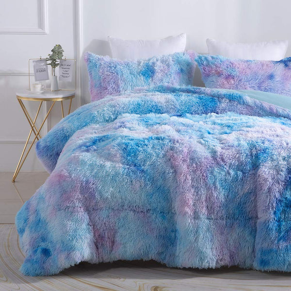 Wajade Faux Fur Plush Galaxy Blue Comforter Set Fluffy Fuzzy Shaggy Bedding Set - 3PC Full/Queen Microfiber Soft Warm Quilt Set