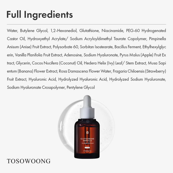 TOSOWOONG Glutathione Serum with 20,000ppm Glutathione, Niacinamide and hyaluronic acid, Improve skin elasticity, Revitalize complexion, Korean Skincare, 30ml, 1.01 fl. oz.