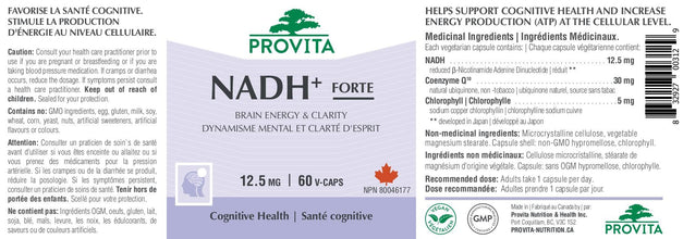 NADH+ - Cognitive Support Antioxidant by Provita | Maintain Mental Clarity, Focus & Memory | Brain Health Support | Increase Energy Production | NADH, Coenzyme Q10 & Chlorophyll | 60 Capsules