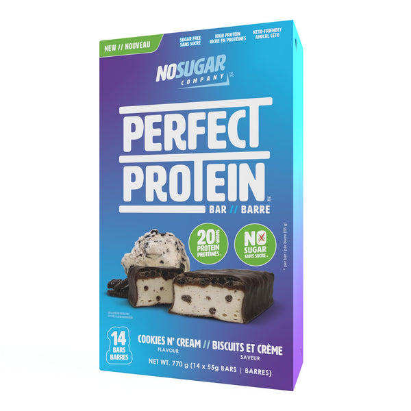 No Sugar Perfect Protein Bar - Cookies & Cream Flavor | 20g High Protein, Zero Sugar, Diabetic-Friendly, High Fiber, Keto-Friendly, Low Calorie, Nutrient Rich Healthy Snack | 14 Bars (55g)