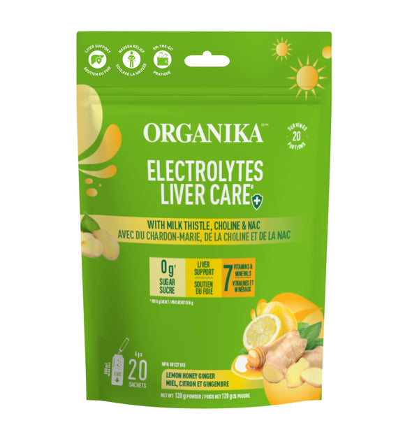 Organika Canadian-Made Electrolytes Liver Care with Milk Thistle, Choline, and NAC - Lemon Honey Ginger Flavour - Liver Support + Protection, Electrolyte Balance, Immune Support, Sugar-Free 6g x 20ct