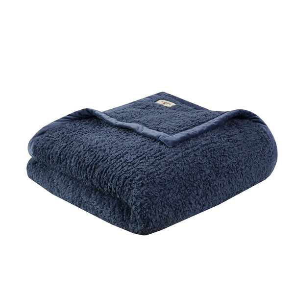 Woolrich Burlington Berber Blanket Super Soft, Cozy Lightweight Cover with Luxrurious Velvet Binding, Modern Trendy All Season Bedspread Bedding-Set, Full/Queen: 90x90, Navy