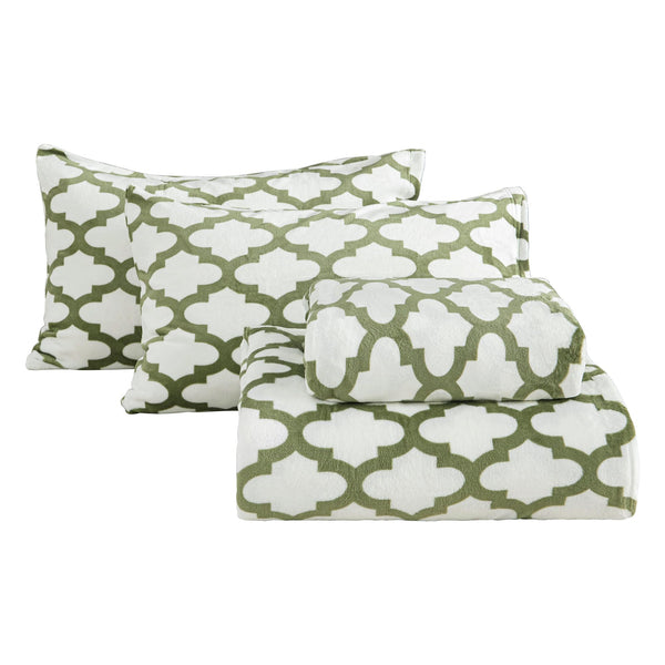 Softan King Micro Fleece Sheets Set, 4-Piece King Size Bed Sheet Set, Plush Velvet Fleece Sheet Set with 15" Deep Pocket Fitted Sheet, Flat Sheet, 2 Pillowcase, Soft and Warm, Quatrefoil Print Green