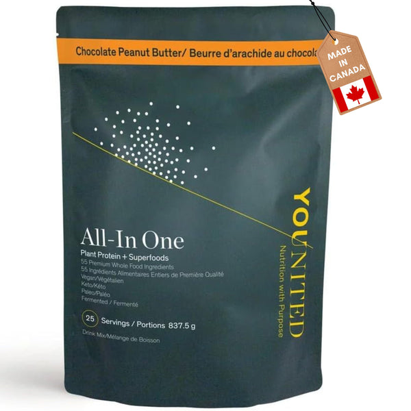 Younited All-in One Plant Protein Powder | Made in Canada | Vegan Protein Powder Made from Organic Peas | Superfood, Antioxidant and Phytonutrient Rich | Peanut Butter Chocolate Flavour (25 Servings)