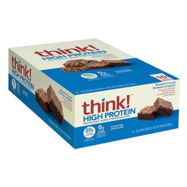 think! High Protein Bar, 20g Protein per bar, Zero sugar, Gluten Free - Brownie Crunch, 10 count/box, 60g per bar - Convenient On-the-go Delicious, Nutritious Snack (packaging may vary)