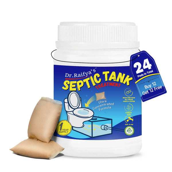 Septic Tank Treatment Pods - 24 Pcs for 2-Year Supply | Beneficial Bacteria & Enzymes Formula by Dr.Raifya's Ultra Concentrated for Clog Prevention & Odor Elimination | Suitable for All Septic Systems