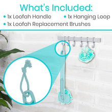 Vive Long Handled Loofah on a Stick - Mesh Back Sponge for Bath, Reusable w/Extra Pouf - Exfoliating Scrubber for Elderly & Disabled, Soft Loofa for Bathing Men & Women