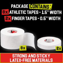 Summum Fit White Athletic Tape Extremely Strong: 8 Rolls + 2 Finger Rolls. Easy to Apply & No Residue. Sports Tape Athletic for Boxing Football Climbing or Gymnastics for Wrist Ankle & Hand Protection