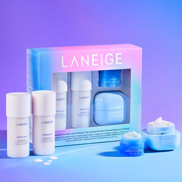 LANEIGE Strong Barrier Minis Set: Cream Skin Toner & Moisturizer, Water Bank Cream, Water Sleeping Mask