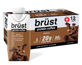 BRÜST PROTEIN COFFEE MOCHA - Chocolatey slightly sweet (20g Protein, 50mg Caffeine, 100 Calories) Chocolatey, Smooth, Slightly Sweetened Cold Brew Coffee, 330mL, 12 Pack, Brust Iced Coffee - AS SEEN ON DRAGON'S DEN