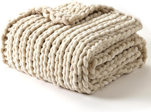 YnM Chunky Throw Blanket, Medium-Weight, Hand Knitted with Chenille Yarn, Skin Friendly, Ventilated and Breathable, Machine Washable, Home Décor Piece for Couch Sofa and Bed (Butter Cream, 40x50 Inch)