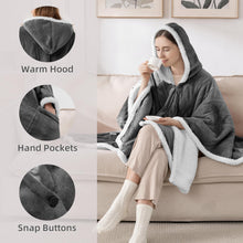 Heated Blanket Electric Throw, Wearable Heated Poncho Shawl Hoodie with Pockets and Hood, 5 Heating Levels & 3-Hour Auto-Off, Ultra-Soft Flannel and Sherpa for Cozy Warmth, 56 x 63 Inches, Grey