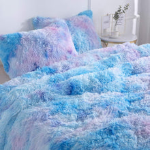 Wajade Faux Fur Plush Galaxy Blue Comforter Set Fluffy Fuzzy Shaggy Bedding Set - 3PC Full/Queen Microfiber Soft Warm Quilt Set