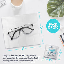 Lens Cleaning Wipes - [210 Pack] Pre Moistened Cleansing Tissues & Cloths and Individually Wrapped Eyeglass Cleaner Wipe Pads for Phones, Tablet Screens, Helps Clean Cameras, Electronics, Photo Lens and Optics