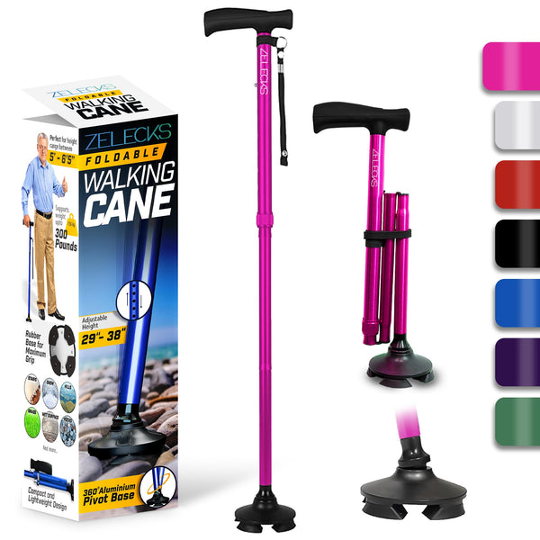 ZELECKS Walking Cane for Women & Men - Self Standing Adjustable Folding Cane with T Handle and 360 Pivot Base - Lightweight Foldable Walking Stick for Seniors - Collapsible Cane for Walking