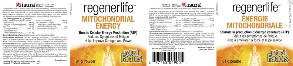 Natural Factors Regenerlife Mitochondrial Energy, 81 g Powder, Boosts Cellular Energy Production (ATP), Reduces Symptoms of Fatigue, Includes: Acetyl-L-Carnitine, Coenzyme Q10, L-Glutathione