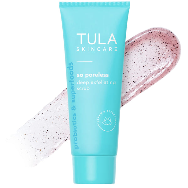 TULA Skin Care So Poreless Exfoliating Blackhead Scrub - Powerful and Gentle Exfoliation, Refreshing and Smoothing, Contains Probiotic Extracts, Volcanic Sand, Pink Salt, and Witch Hazel, 2.89 oz.