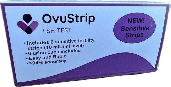 OvuStrip FSH (Follicle stimulating Hormone) * New!! Sensitive Strips!! * The ONLY FSH Test Brand with True Ultra-Sensitive Strips (10mIU/ml) *Checks Ovarian Reserve *6 Tests per Box *Easy to use!