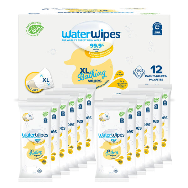 WaterWipes Plastic-Free XL Bathing Wipes for Toddlers & Babies, 99.9% Water Based Wipes, Unscented & Hypoallergenic for Sensitive Skin, 192 Count (12 pack), Packaging May Vary