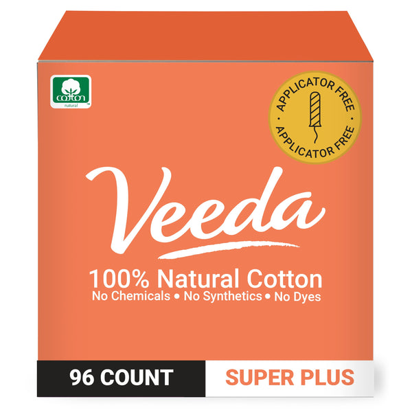 Veeda 100% Natural Cotton Compact Tampons Super Plus Absorbency - Applicator Free Tampons with leak proof protection - Unscented, Chlorine & Toxin Free - 96 Count