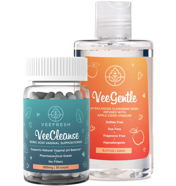 VeeFresh VeePower Lite Bundle - A Convenient Feminine Care Bundle for Any-Time Freshness & Odor Control - VeeCleanse Boric Acid Suppositories + VeeGentle Feminine Wash for pH Balance