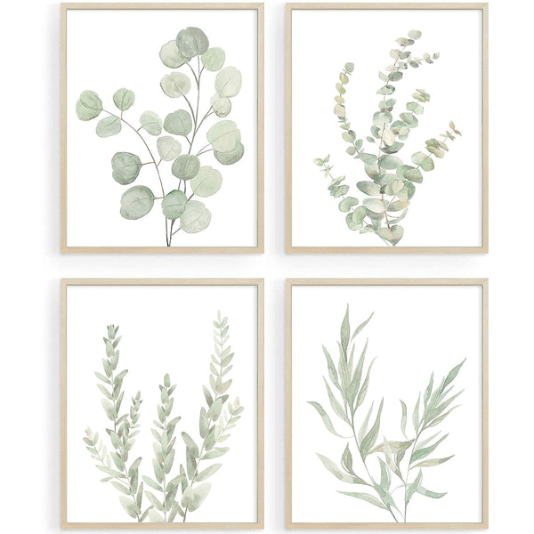 Howwii Botanical Boho Bathroom Decor Wall Art Prints, UNFRAMED Sage Green Plants Decor for Bedroom|Office, Minimalist Eucalyptus Leaves Watercolor Art Prints, Set of 4 Pictures, 8"x10" No Frames