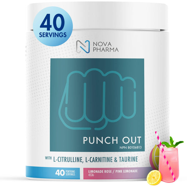 Nova Pharma Punch Out Pre Workout Powder – L-Carnitine and Antioxidant-Rich Pre Workout Supplement, Boost Stamina and Endurance for Gym Training and Workouts - 40 Servings (Pink Lemonade)