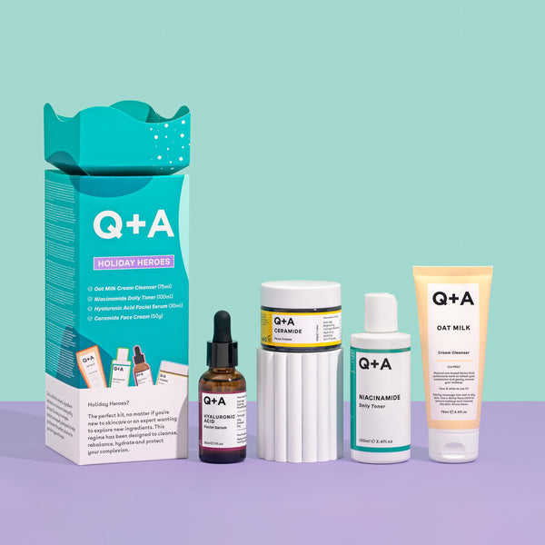 Q+A Holiday Heroes Skincare Giftset – 4-Step Regime with Oat Milk Cleanser, Niacinamide Toner, Hyaluronic Acid Serum, Ceramide Face Cream – Vegan, Cruelty-Free, UK Made, Nourishing and Hydrating