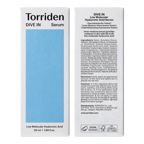 Torriden DIVE-IN Low-Molecular Hyaluronic Acid Serum, 1.69 fl oz | Deep hydration for dry skin type | Vegan, Clean, Cruelty-Free Korean Skin Care