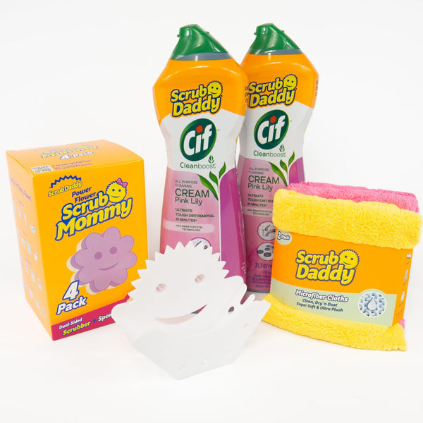 Scrub Daddy Cleaning Supplies Kit - Cif Floral Bundle - Includes Scrub Mommy Dish Sponges, Microfiber Towels, Kitchen Sink Caddy & Cif Cream All Purpose Cleaner, Pink Lilly (9 Count)