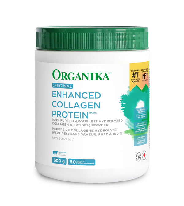 Organika Canadian-Made Enhanced Collagen Powder - for Healthy Hair, Skin, Nails, and Joints. Hydrolyzed Protein Peptides for Better Absorption- Grass-Fed, Non-GMO- Unflavoured- 500g