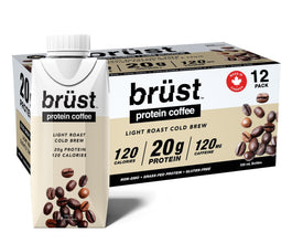 BRÜST PROTEIN COFFEE LIGHT ROAST - 12 Pack (20g Protein, 120mg Caffeine, 120 Calories) Light Bodied, Slightly Sweetened, 330mL, Brust Cold Brew Iced Coffee - AS SEEN ON DRAGON'S DEN