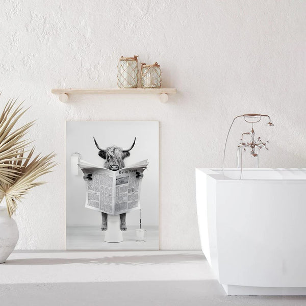 Funny Highland Cow Wall Art in Bathtub, Black and White Canvas Cow In Bathroom Picture, Humor Animals Bathroom Artwork Prints Rustic Farmhouse Style Wall Decor Ready To Hang for Living Room, Bathroom, Bedroom, Kids Bathroom Decor (12"x16", Framed)