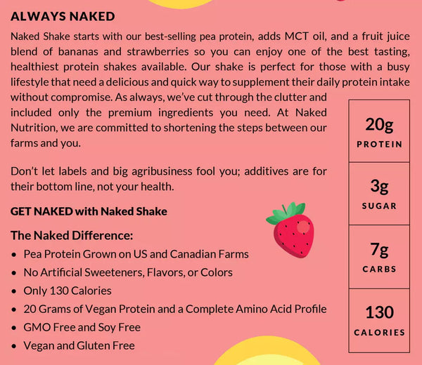 Naked Shake – Vegan Protein Powder, Strawberry Banana – Flavored Plant Based Protein From US & Canadian Farms with MCT Oil, Gluten-Free, Soy-Free, No GMOs or Artificial Sweeteners – 2.1 Pounds