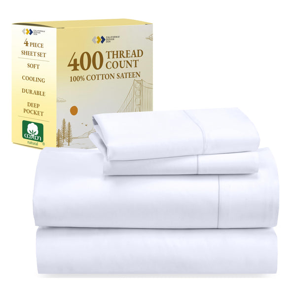 California Design Den Softest 100% Cotton Sheets, Full Size Sheet Sets, 4 Pc Set, 400 Thread Count Sateen Bedding, Deep Pocket Sheets, Cooling Sheets, Full Size Sheets, Breathable Bed Set (White)