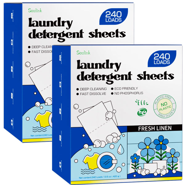 Soulink Laundry Detergent Sheets, 480 Loads (2 Pack) - Eco-Friendly, Plant-Based, Hypoallergenic, No Plastic Jug, Fresh Linen Scent